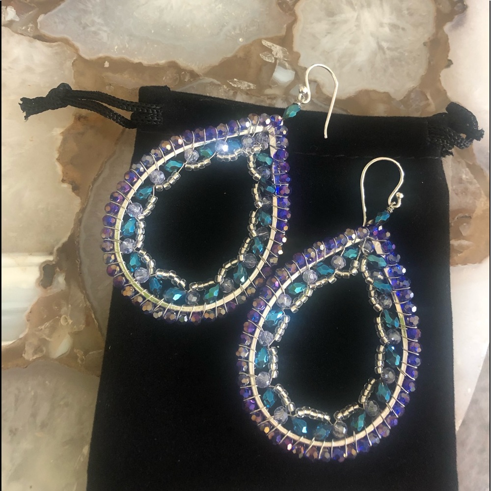 Exotic Blue/Silver Jewel Teardrop Earrings, Boutuq